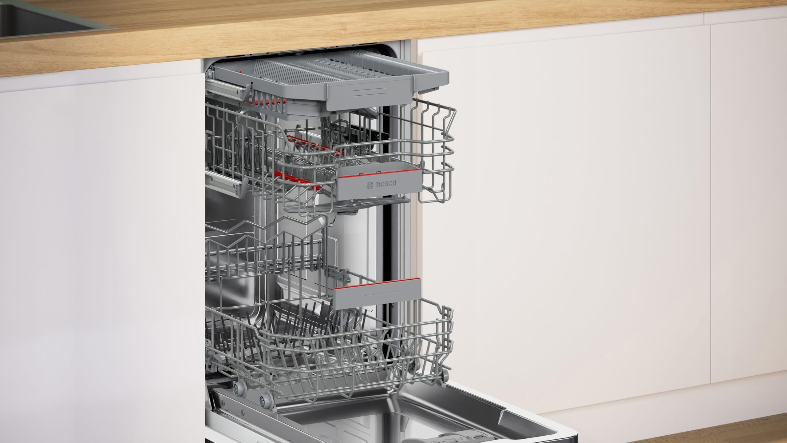 Bosch SPV4EMX17E Serie 4, Lavastoviglie Smart da incasso a scomparsa totale, 10 coperti, Cestelli personalizzabili, Motore EcoSilence Drive, Indicazione di funzione a pavimento, 45 cm.