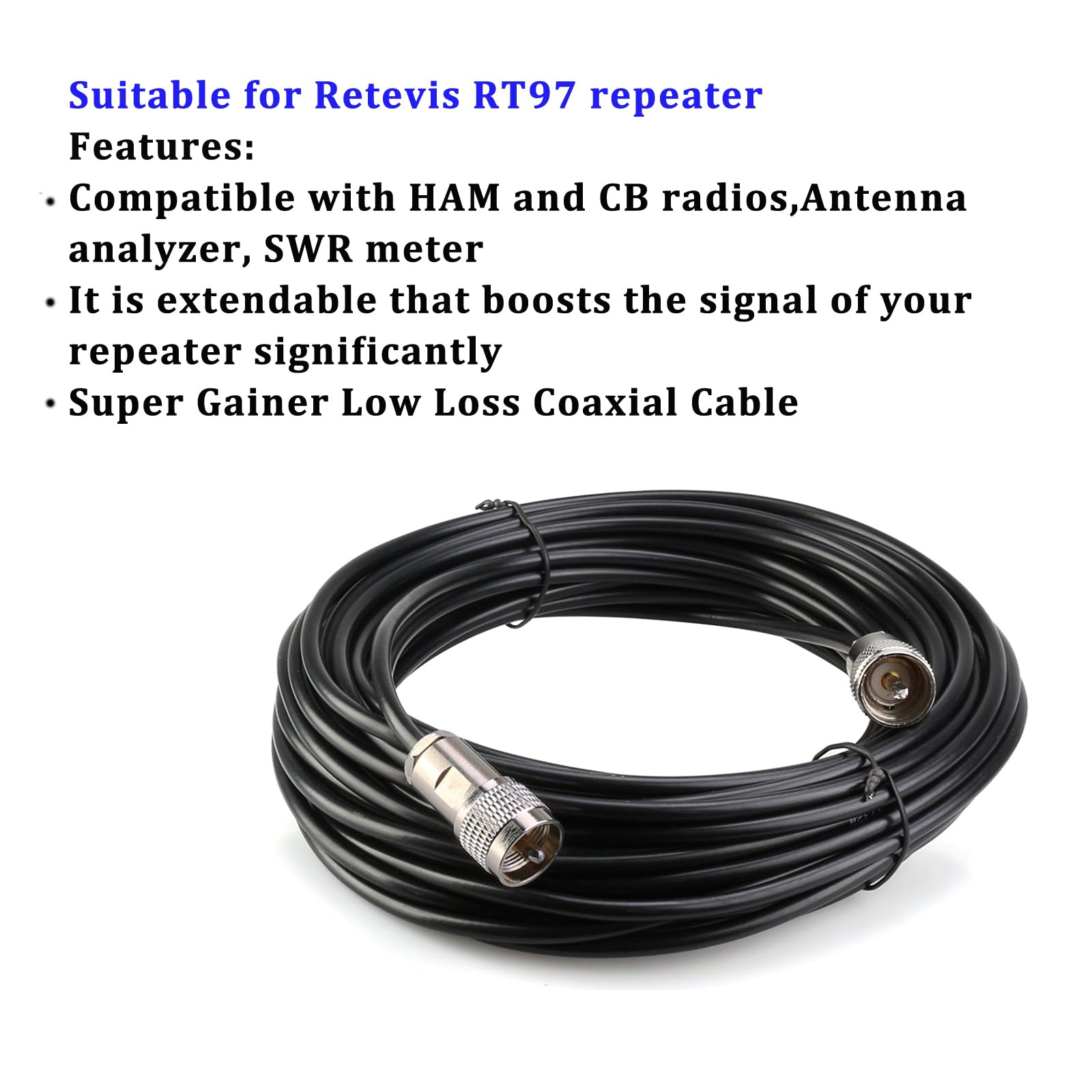 Retevis Cavo coassiale a bassa perdita, cavo coassiale con connettore SL16, compatibile con ripetitore RT97 a due vie per radio prosciutto (15 metri, 1 pezzo)