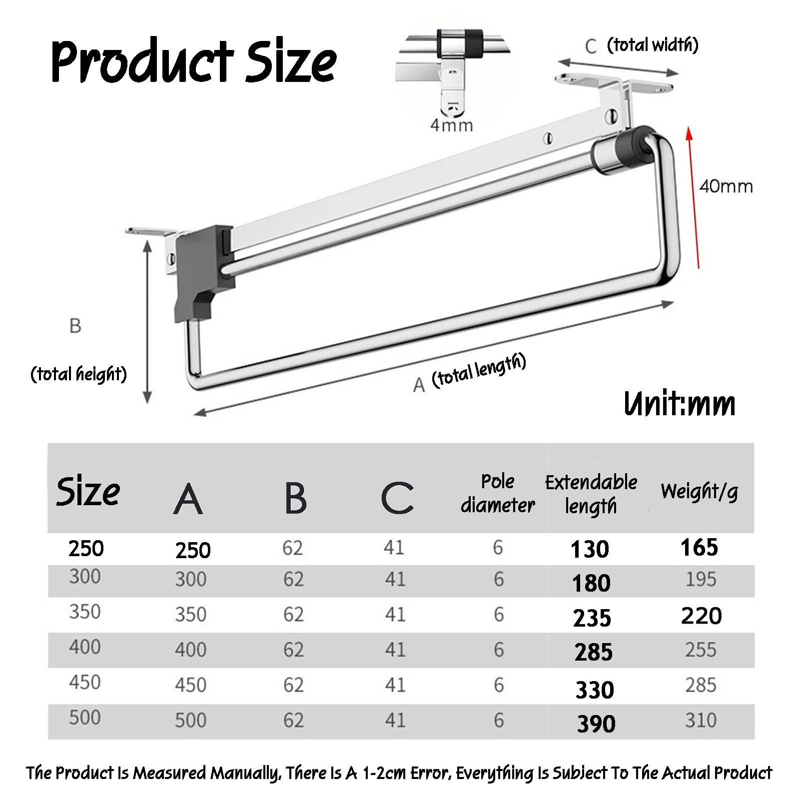 Appendiabiti Estraibile per Pantaloni, Barra telescopica Regolabile per Armadio per Pantaloni, Asta Appendiabiti Estraibile, Organizer per Armadio, capacità di carico Elevata 10 kg (450 mm)