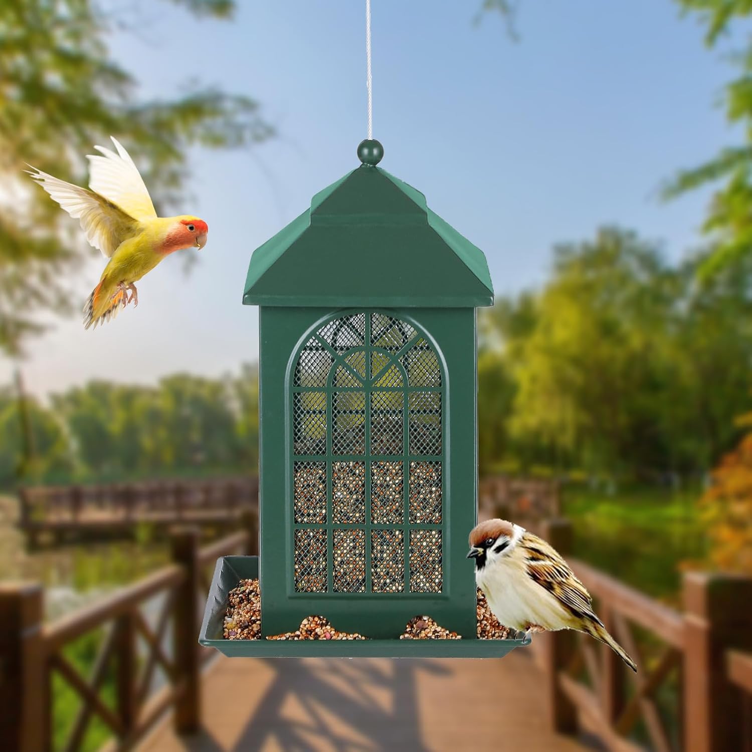 Bird Feeders for Outdoors Hanging Metal Wild Bird Feeder Large Capacity for Wild Cardinal,Finch,Blue Jay,Chickadee, Green