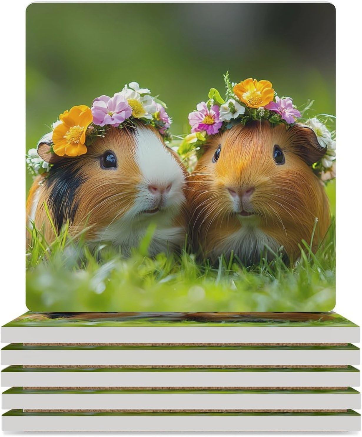 Cute Guinea Pigs Coasters for Drinks Square Table Coasters Set Cup Mats with Cork Base
