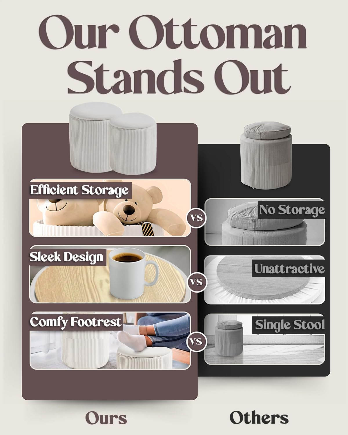 Round Storage Ottoman (Set of 2) - Multifunctional Storage Ottoman with Removable Lid and Soft Velvet Padding - Perfect Footrest for Living Room and Bedroom, Vanity Stool for Makeup - White