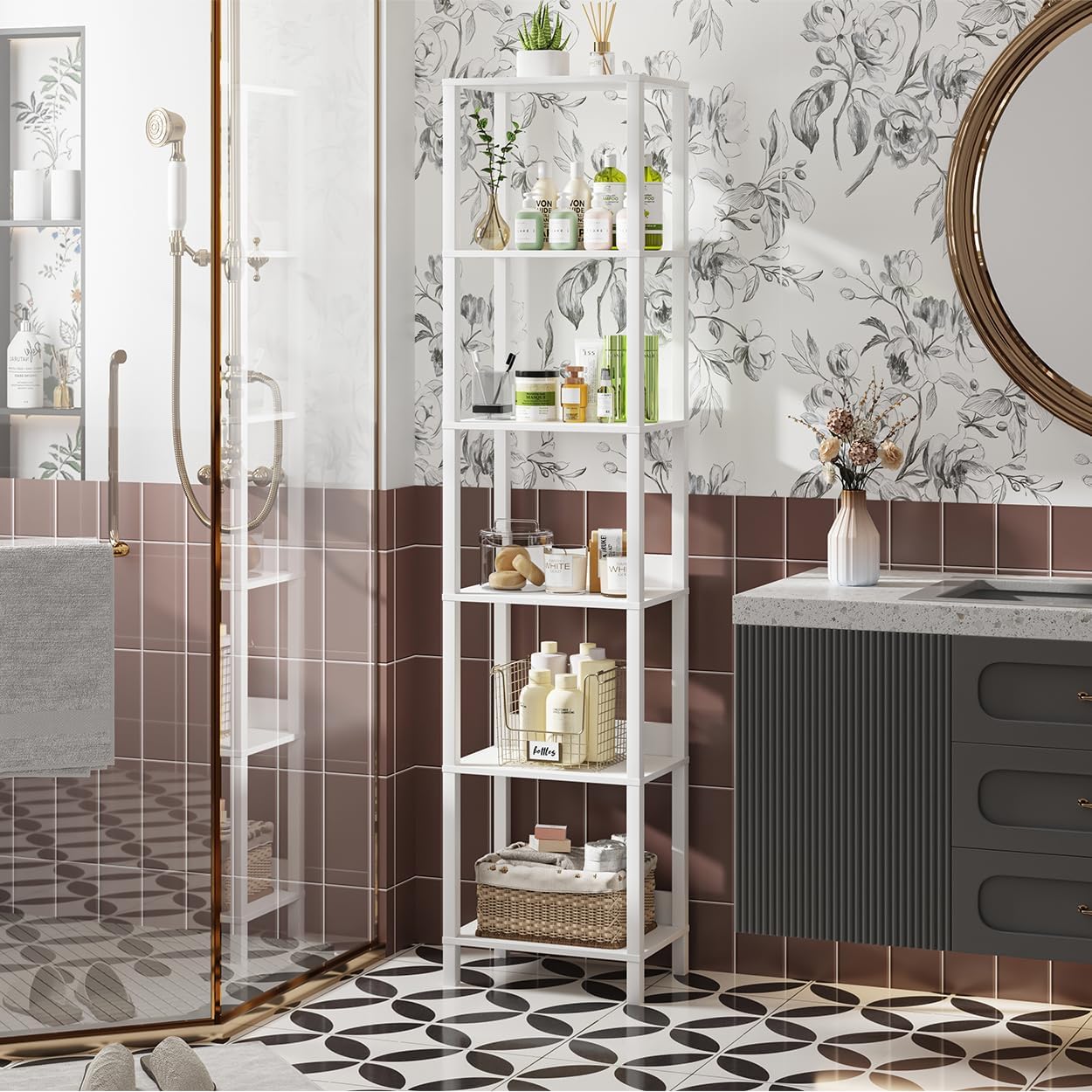 VIMBER 6 Tier Bookshelf with Anti-Fall Baffle, Tall 64.79 Bookcase with DIY Shelves, Industrial Book Shelf Storage Organizer, Display Free Standing Shelf Unit for Bedroom, Living Room, Office, White