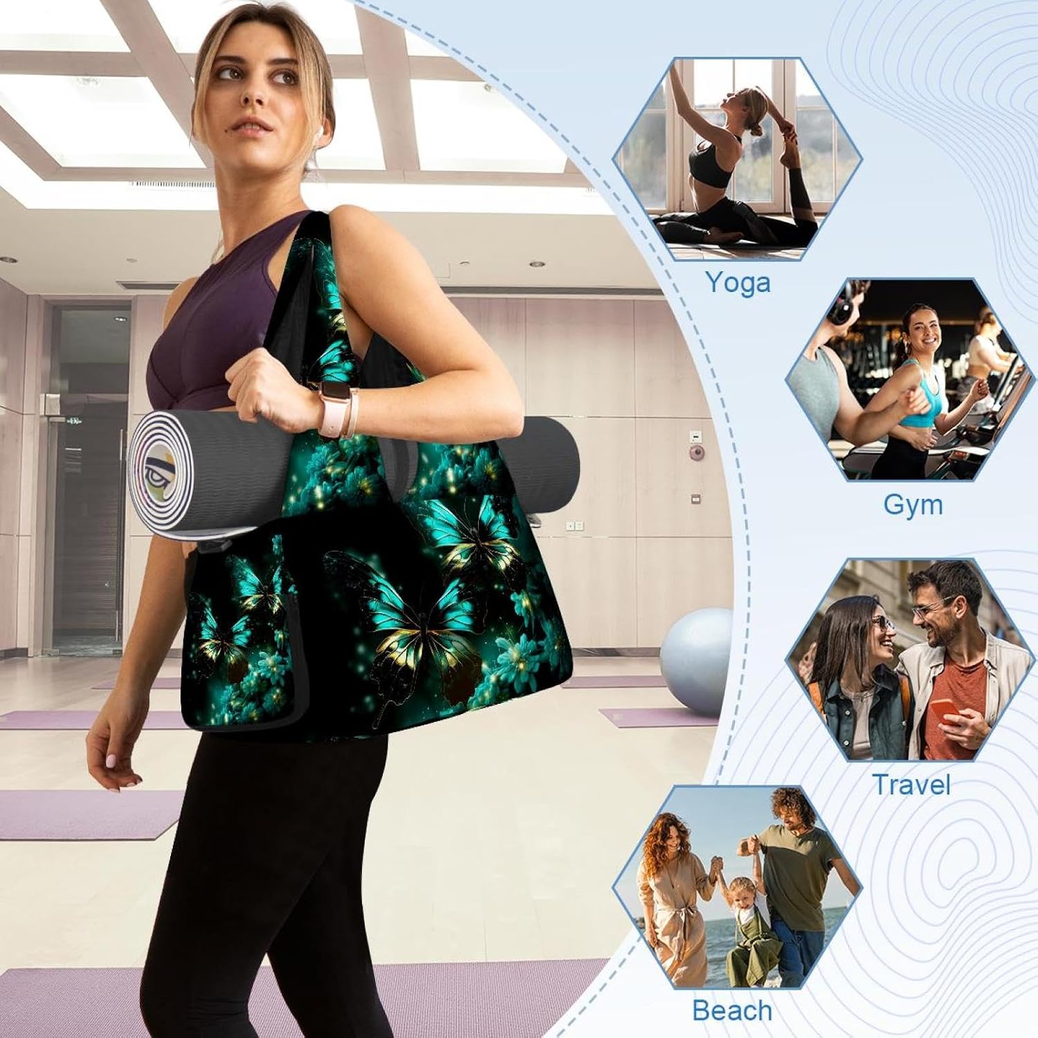 Gym Bag for Women, Blue Butterflies Flowers Yoga Mat Bag with Shoe Compartment, Sport Yoga Gym Bag with Yoga Strap, Carryall Yoga Tote Bag