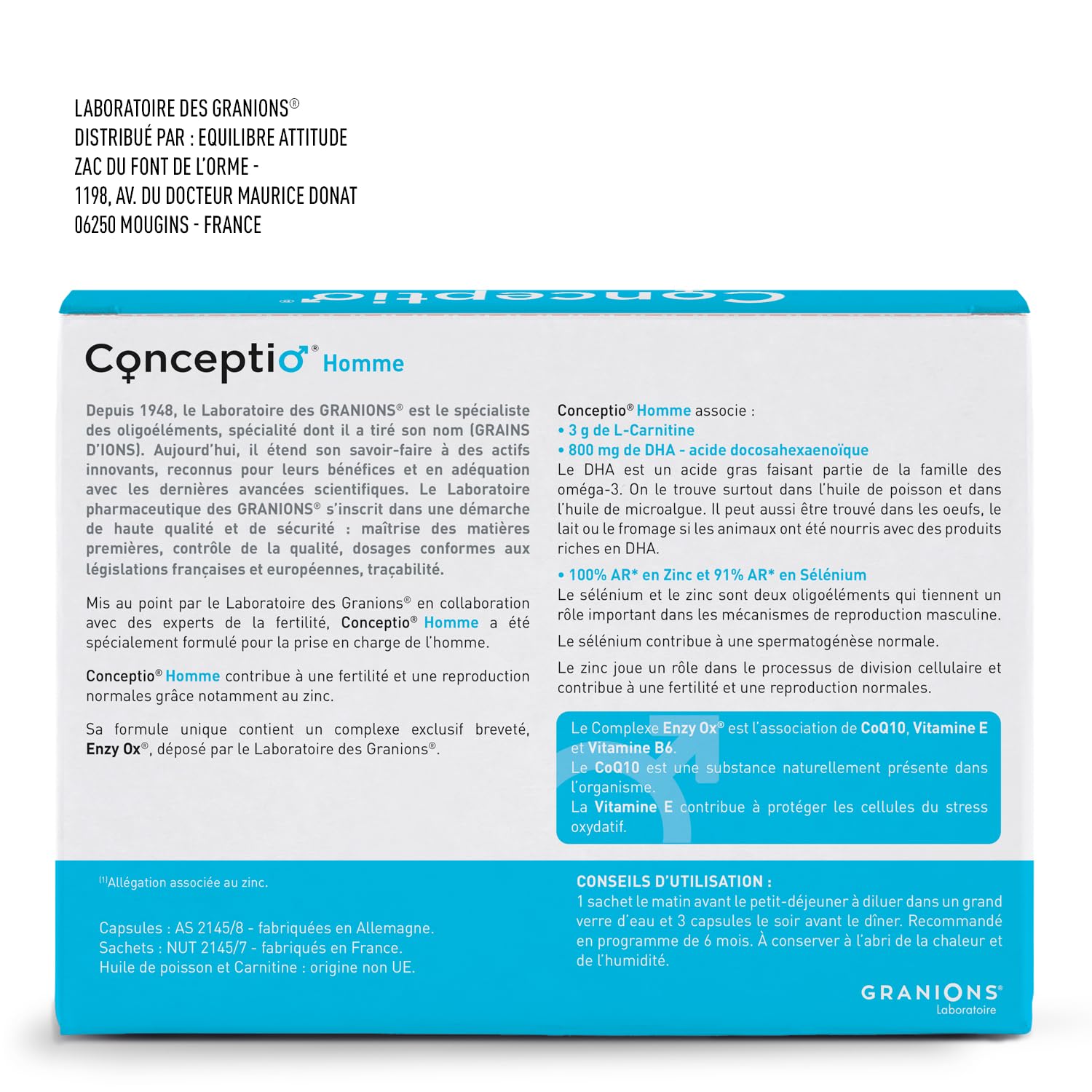 GRANIONS | Conceptio homme | Fertilité masculine, reproduction normale | Complexe Breveté Enzy Ox (Coenzyme Q10, Vitamine E), L-Carnitine, Dha, Oligoéléments | 90 capsules et 30 sachets (30 jours)
