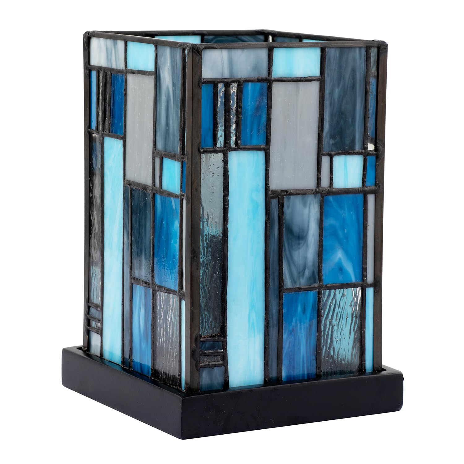 Happy Homewares Designer Art Deco Tiffany Glass Table Lamp in Midnight and Sky Blue | 20cm x 13cm | Matte Black Resin Base with Inline Switch
