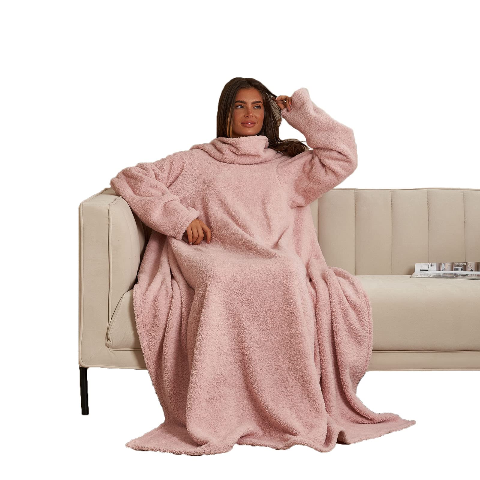 Ohs Women's Blush Pink Wearable Blankets For Teddy Fleece, Warm Blanket With Arm Sleeves Snuggle Blanket Soft Comfy Teddy Fleece Relaxing On Sofa, Pink
