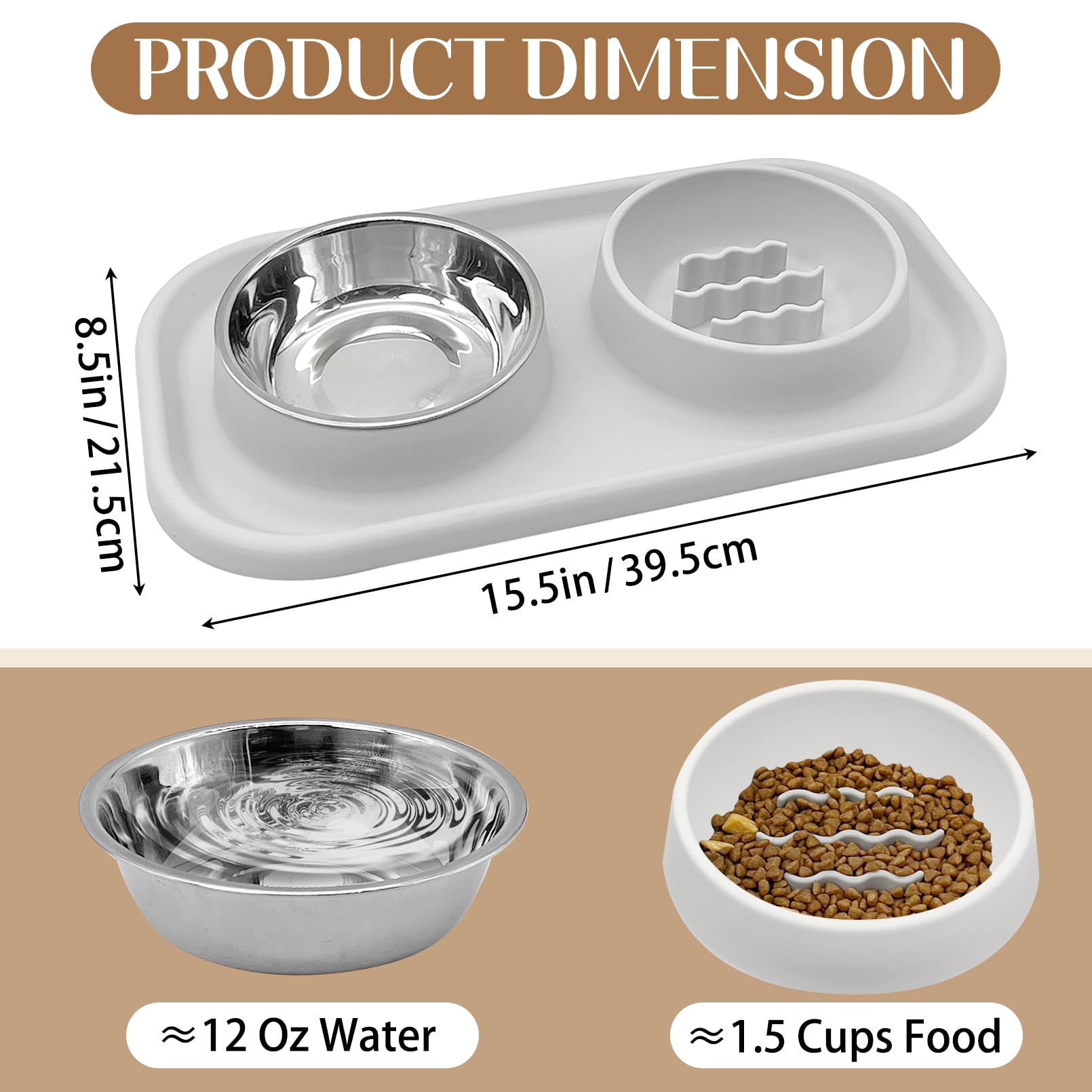 BNOSDM Comedero lento para perros y gatos, acero inoxidable con alfombrilla de silicona antiderrames, juego de cuencos de comida y agua para perros, comedero para mascotas para ralentizar la