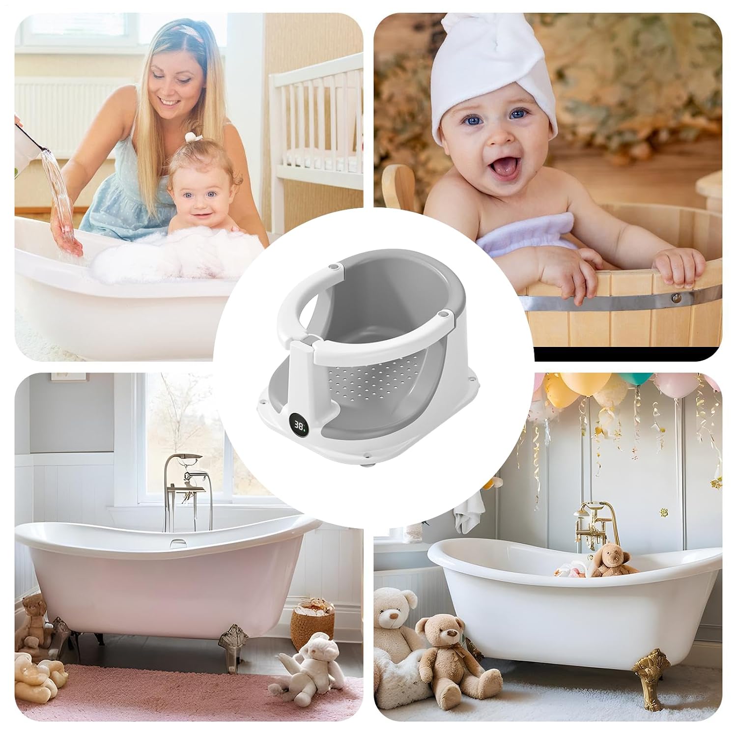 Baby Bath Seat - Infant Tub Chair, Sitting Support | Adaptable Safety Temperature Sensor Bathing Assistant for Babies, toddlars Home Travel Daily Wash, Baby Shower Birthday Gift Protection Tool