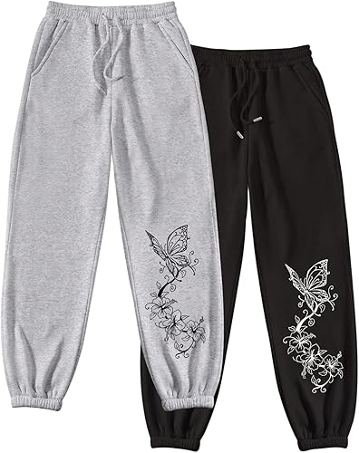 RoseSeek Women's 2 Pack Floral Print Sweatpants Drawstring Waist Joggers with Po