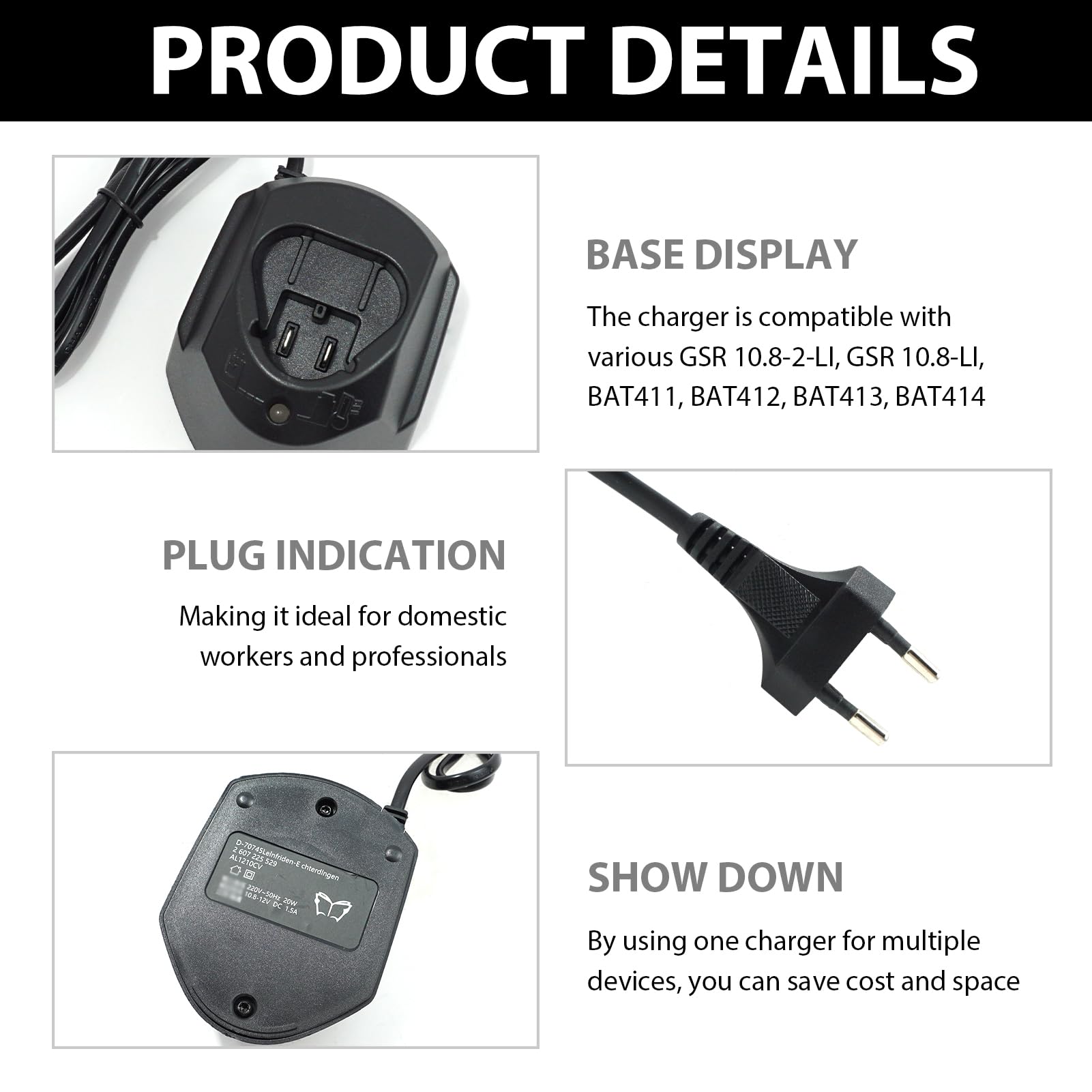 12V Li-ion Ladegerät für Bosch 10.8V-12V AL1115CV, Ladegerät Akkus Schnellladegerät Kompatibel mit Bosch BAT411 BAT412 BAT413, Plug-and-Play
