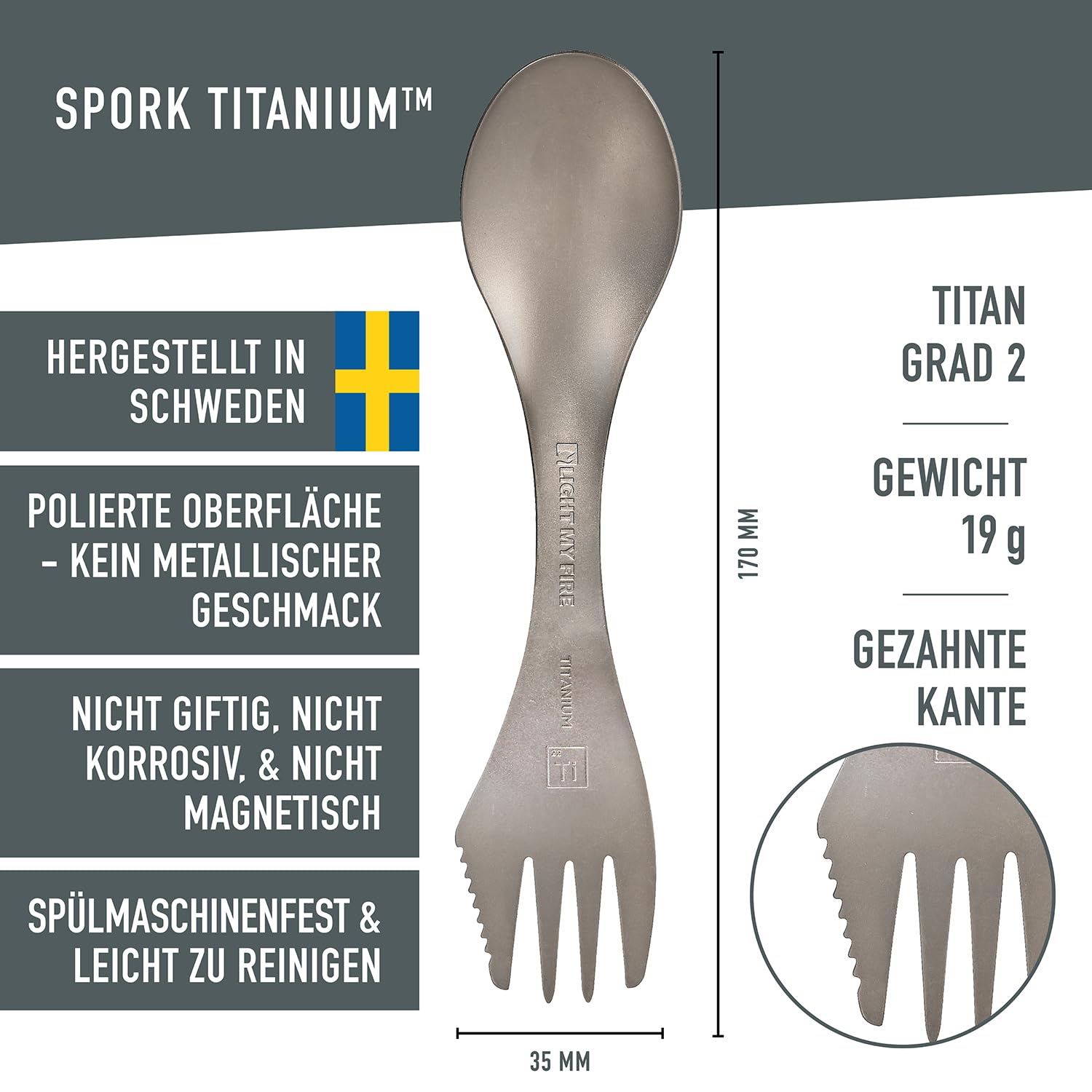 Light My Fire Göffel Titan Spork, ultraleichtes Titan Besteck, 3-in-1 Campingbesteck mit Löffel Gabel Messer, Outdoor Besteck für unterwegs, Löffel To Go - Robustes Reisebesteck aus Schweden
