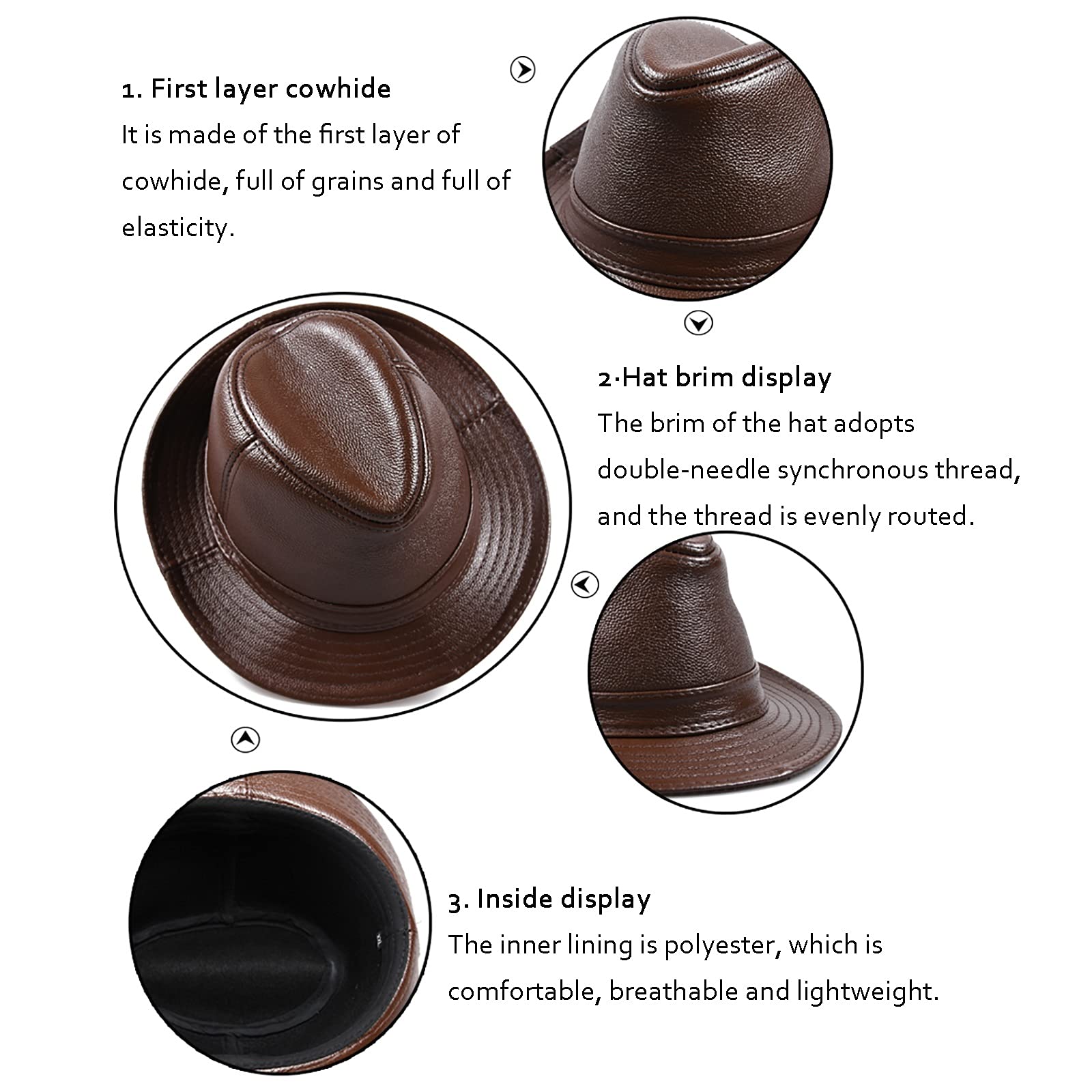 Sombreros de invierno, cuero para hombre jazz gorra vintage sombrero de vaca gran ala fedora otoño 55-62 cm