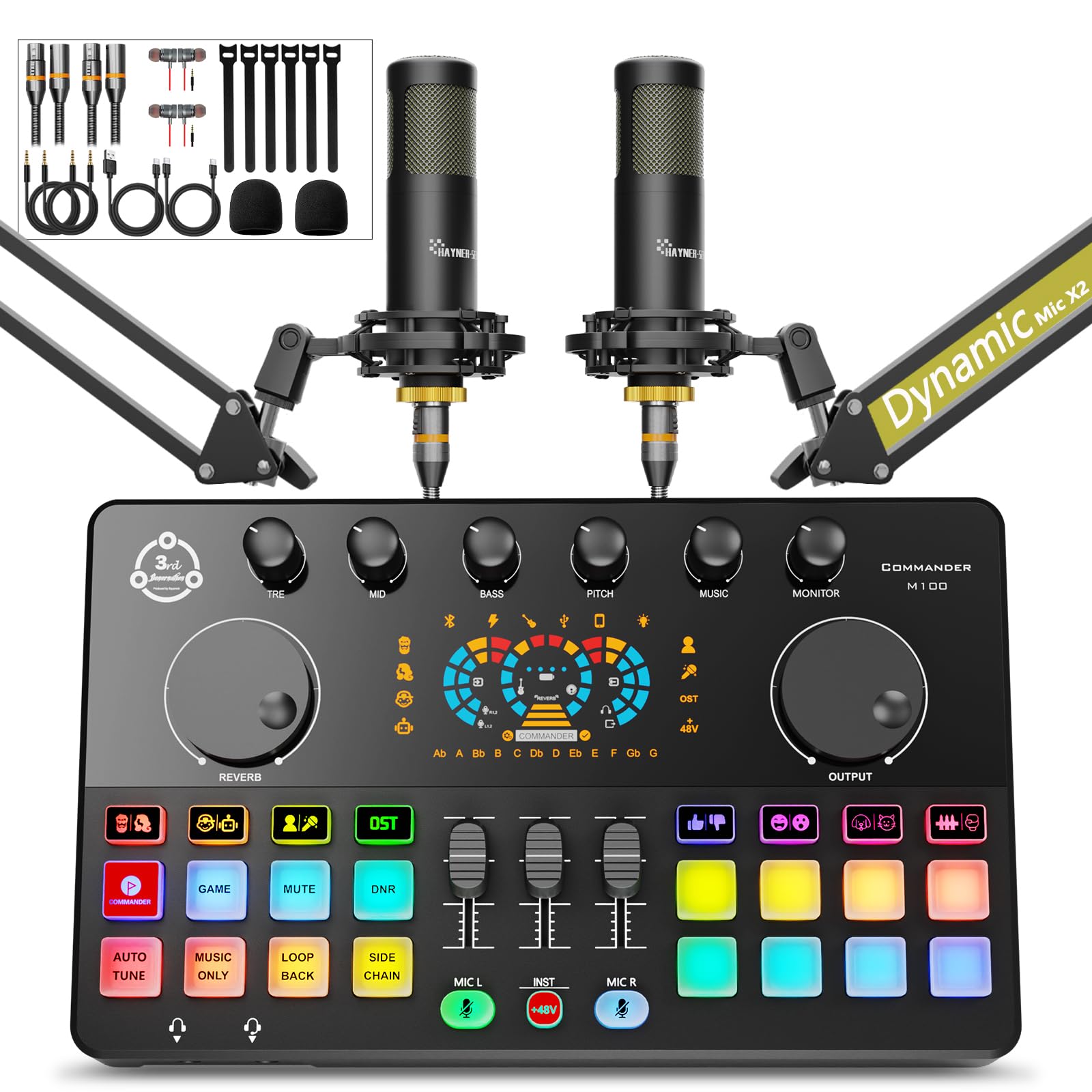 Photo 1 of Podcast Equipment Bundle for 2, Audio Mixer with XLR Dynamic Microphone, Voice Change,RGB for Vocal Recording Podcasting,Streaming Singing TikTok, PC, Smartphone COMMANDER M100 3rd