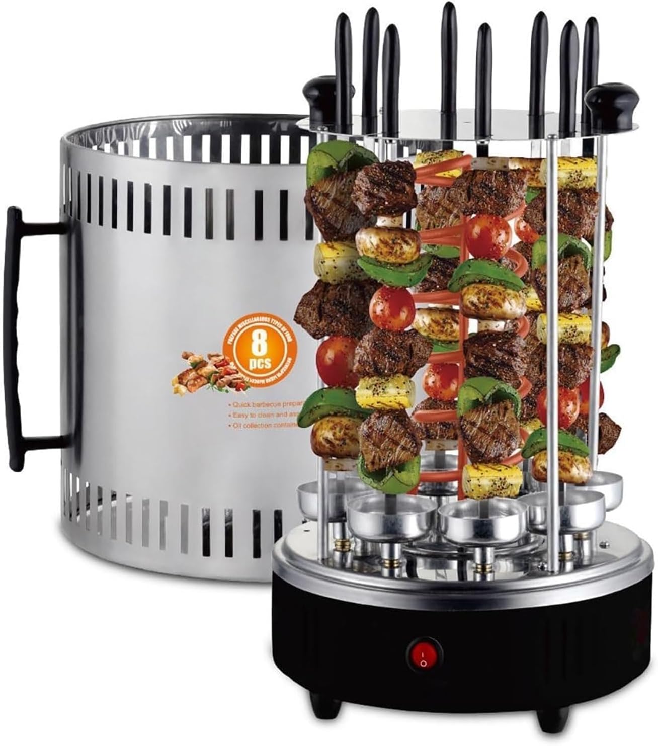 220v Electric Vertical Rotisserie,Smokeless Rotating Rotisserie Grill,Barbecue Grill w/Timer,BBQ Automatic Rotating for Kebabs,w/8 Grill Fork