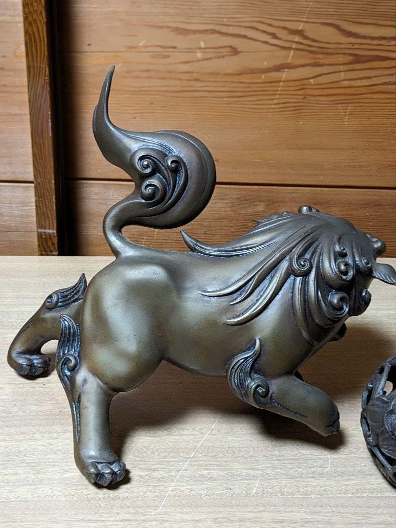 Amazon.co.jp: 玉乗り獅子銅製 獅子 狛犬 置物 玉獅子 高岡銅器 唐獅子 
