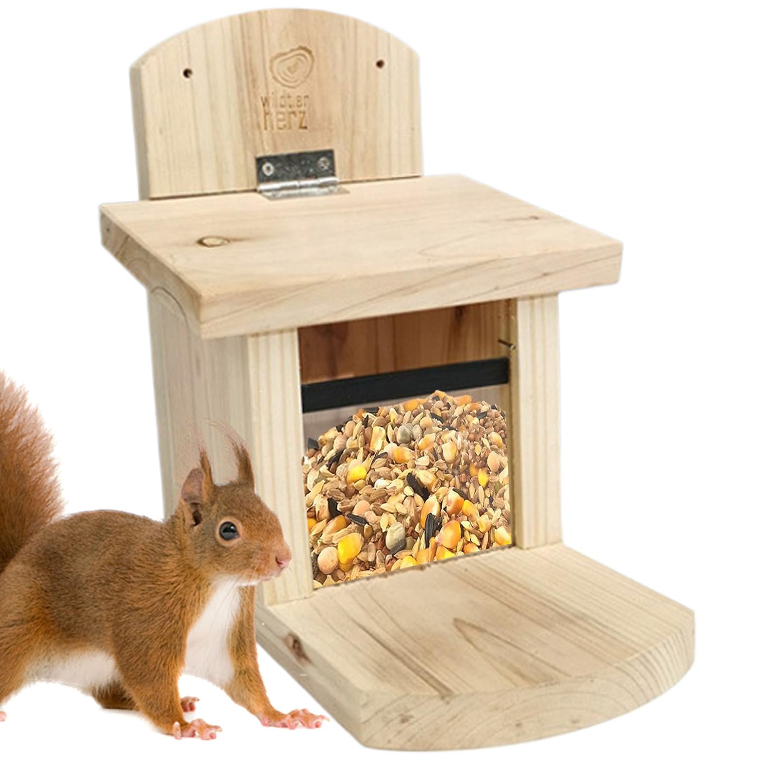 Squirrel Feeding Station, Wooden Windproof Dispenser Feeding House, Gnaw Resistant Roof Squirrels Feeder with Extra Long Board, for Pets Wildlife Water Food Garden Patio Balcony Window