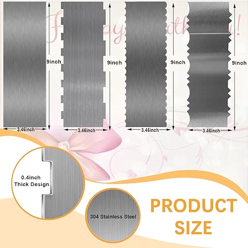 Miniatura 3 de Rascador de pasteles de acero inoxidable, raspador grande de 9 pulgadas para tartas, contorno de doble cara con borde estampado, herramienta de