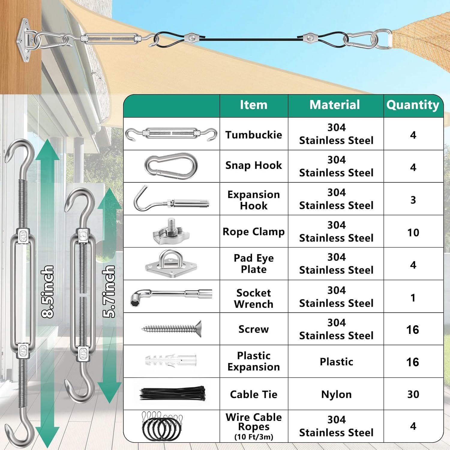 4 PCS 10ft Sun Shade Sail Hardware Kit, 304 Stainless Steel Cable Wire with Nylon Coating - for Rectangle Triangle Square Shade Sail Installation, Outdoor Garden Patio
