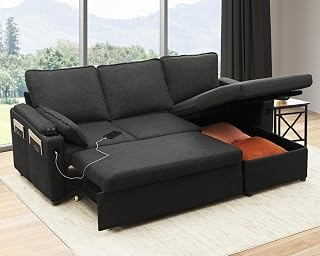 DURASPACE Dark Gray Pull-Out Sectional Sofa Bed with Storage, USB Ports, Cup Holders - 2-in-1 Sleeper Couch for Apartments