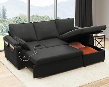 DURASPACE L Shaped Sofa Corner Sofa Bed Convertible Couch Sleeper With Storage,2 USB, Cup Holder,Pull out Sectional Couches For Living Room Dark Grey