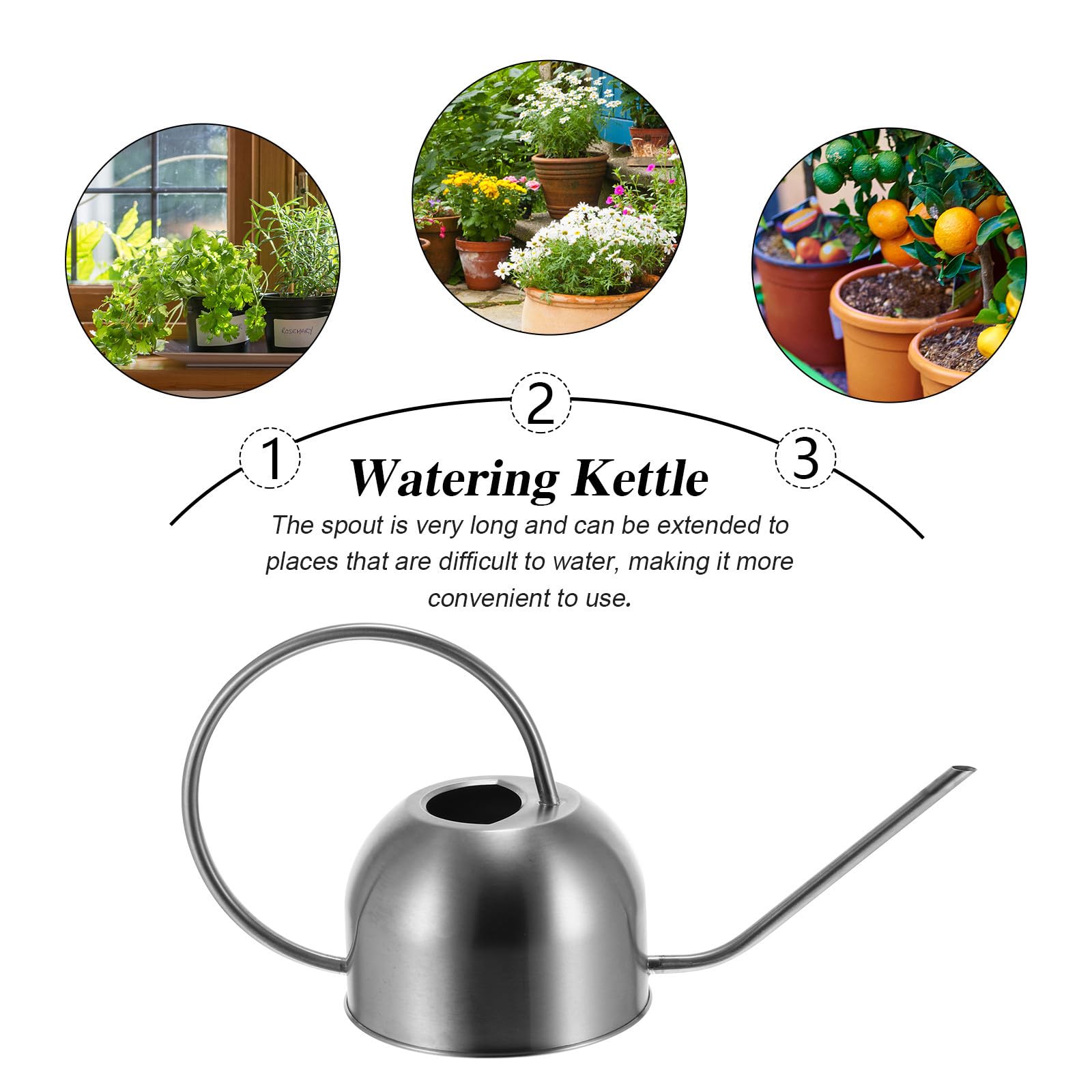 Levemolo Regadera de Acero Inoxidable de Largo Alcance, 1,5 L, Plata, para Flores y Plantas Colgantes, Jardín Exterior, Resistente Corrosión y Ecológica