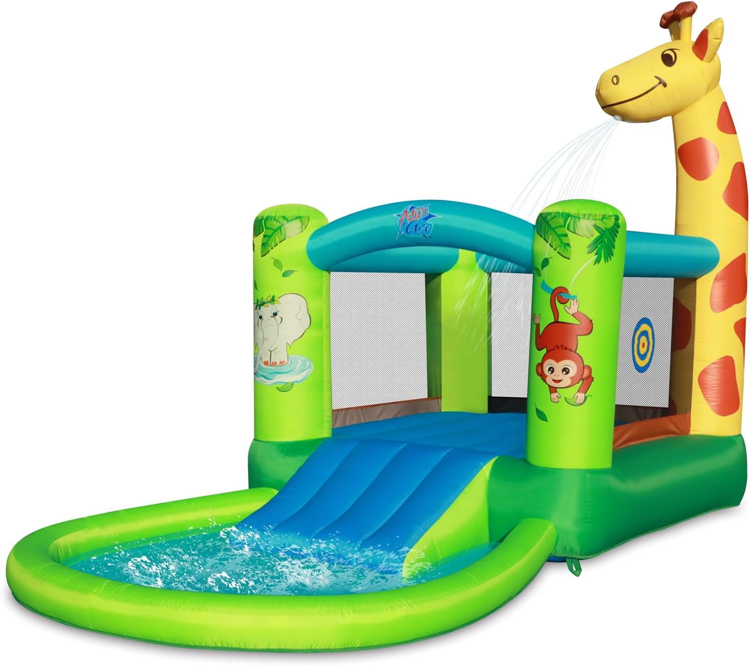 Action Air Inflatable Water Slide with Giraffe Theme, Blow Up Bounce House with 67"x62" Extra Large Bouncy Area, Big Ball Pit & Splash Pool, Outdoor Backyard Water Park for Kids, 165" x 106" x 61"