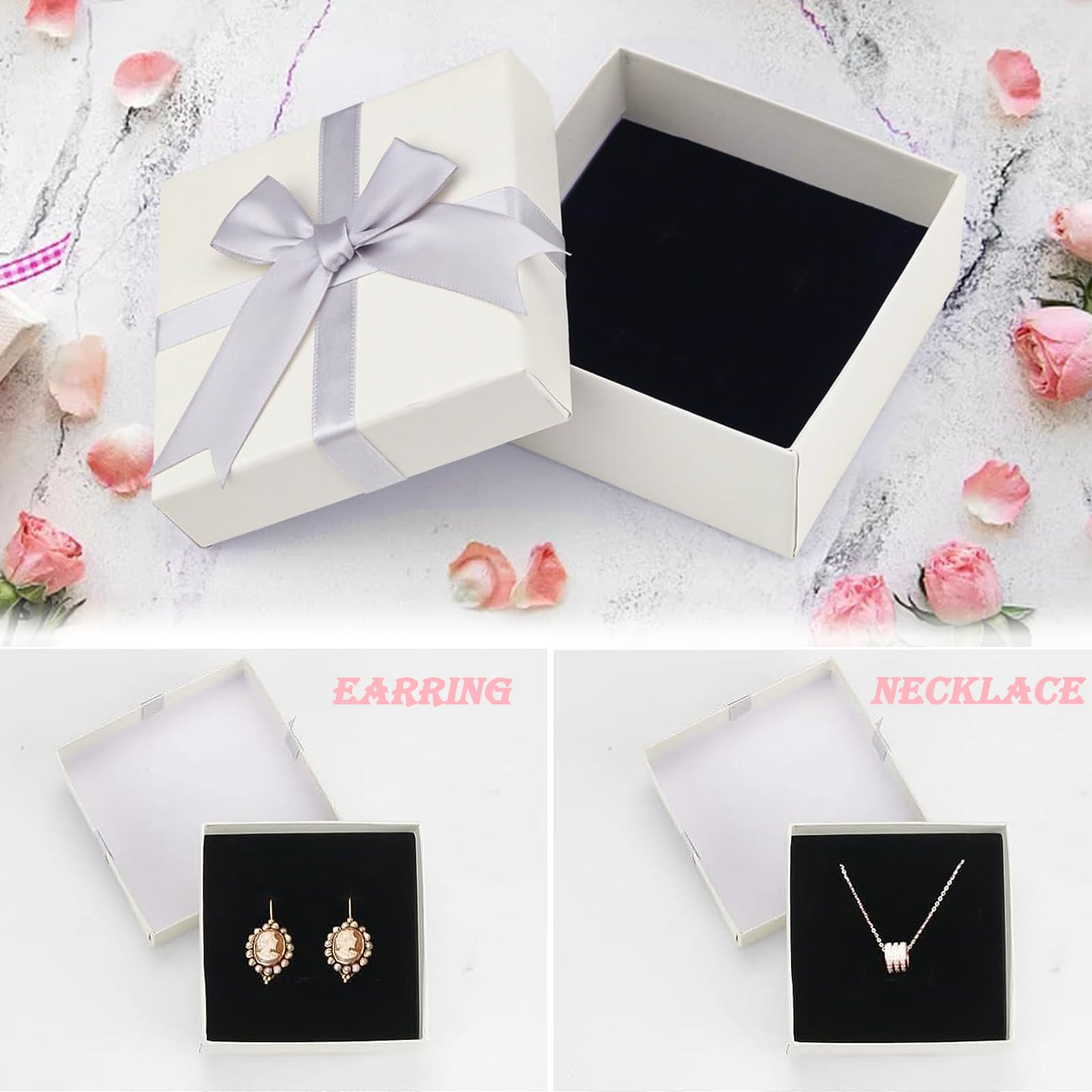 Boîtes-cadeaux De Bijoux Avec Couvercles,Boîtes Cadeaux De Bijoux En Papier Carré Avec Nœud Pour Collier/boucles D'oreilles/bague Bijoux Affichage,7.5x7 .5x3.5cm Boîte D'emballage De Bijoux Blue