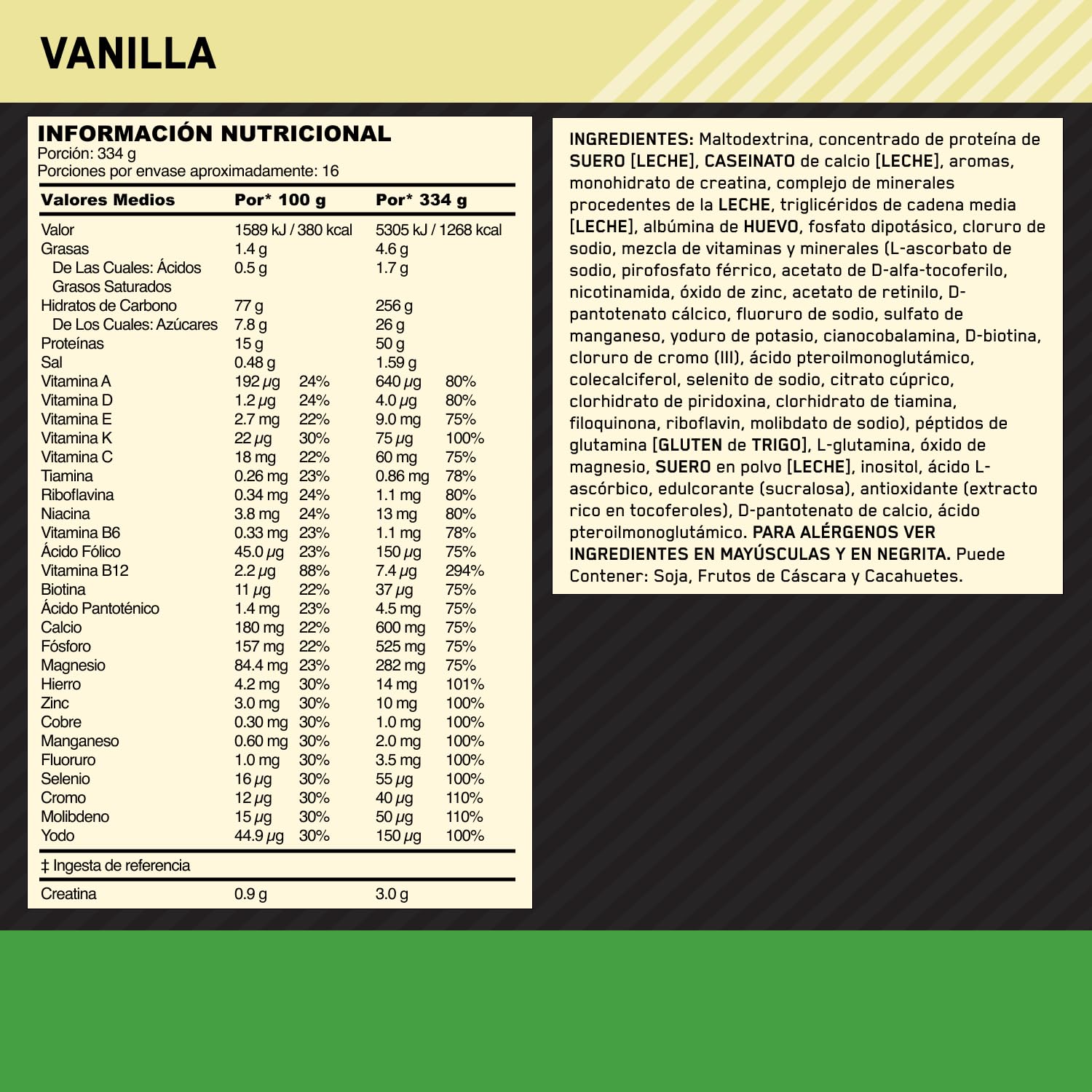 Optimum Nutrition Serious Mass Proteína en Polvo Alta en Calorías, Ganador de Masa Muscular con 25 Vitaminas y Minerales, Monohidrato de Creatina y Glutamina, Sabor Vainilla, 16 Dosis, 5.45 kg