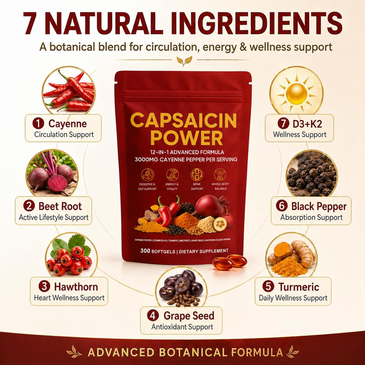 Capsaicin Power - Cayenne Pepper Capsules Supplement, Supports Leg Vein, Circulation & Daily Energy, with Vitamin D3+K2, Beetroot, Grape Seed and Other Extracts, 300 Capsules (1) — Amazon image 7