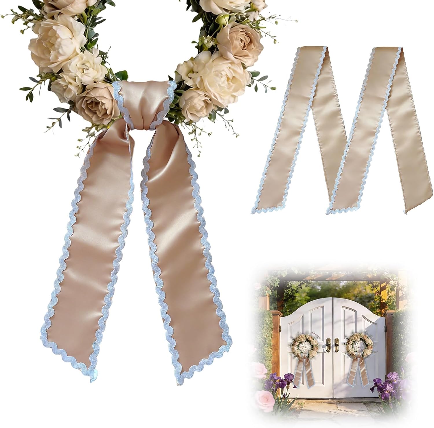 4 Pcs White Wreath Sash for Front Door, Satin Fabric with Decorative Trim, Wreath Sash for Indoor Outdoor Decor and Wedding Holiday Party Decoration Accessory (4Pcs White)