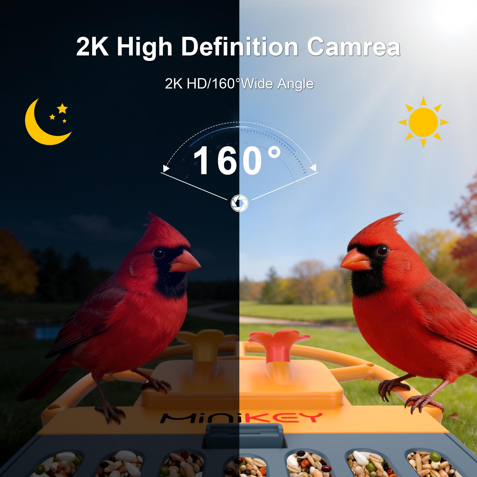 Smart Bird Feeder mit Kamera Outdoor Vogelhaus: AI identifiziert 11000+ Arten, 2K HD, Ankunftswarnungen, solarbetrieben, blau-orangefarbenes zweifarbiges Design, Kolibri-freundlich, Geschenk für