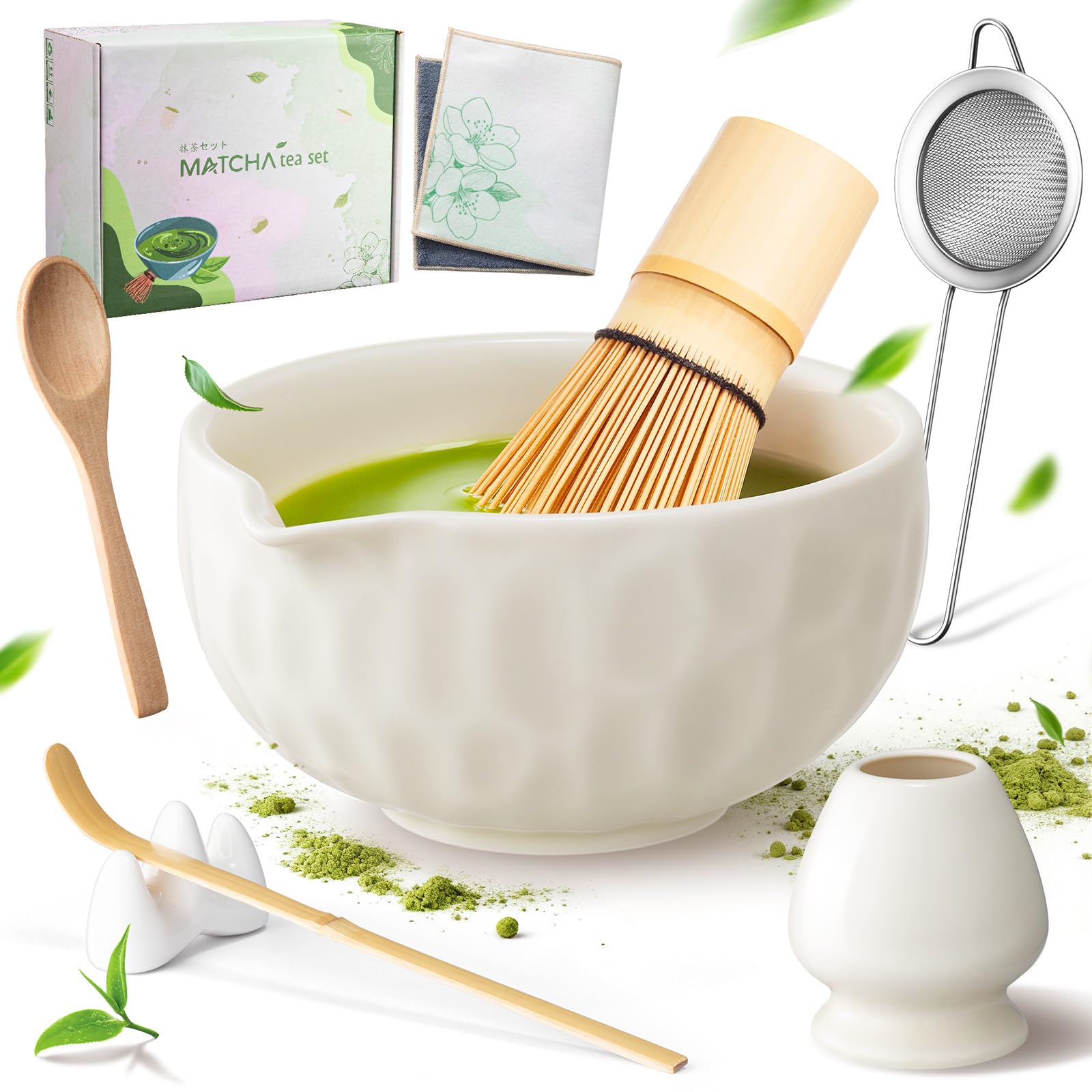 Matcha Kit 8 Piezas – Set para la Ceremonia Japonesa del Té con Cuenco con Pico, Batidor de Bambú (Chasen), Soporte, Chashaku y Tamiz – Regalo para Amantes del Matcha, Beige