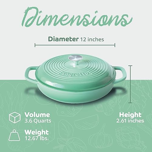 Miniatura 2 de Bianco Perla - Cacerola de hierro fundido esmaltado de 3.6 cuartos de galón con tapa, sartén de hierro fundido esmaltado con tapa, sartén para