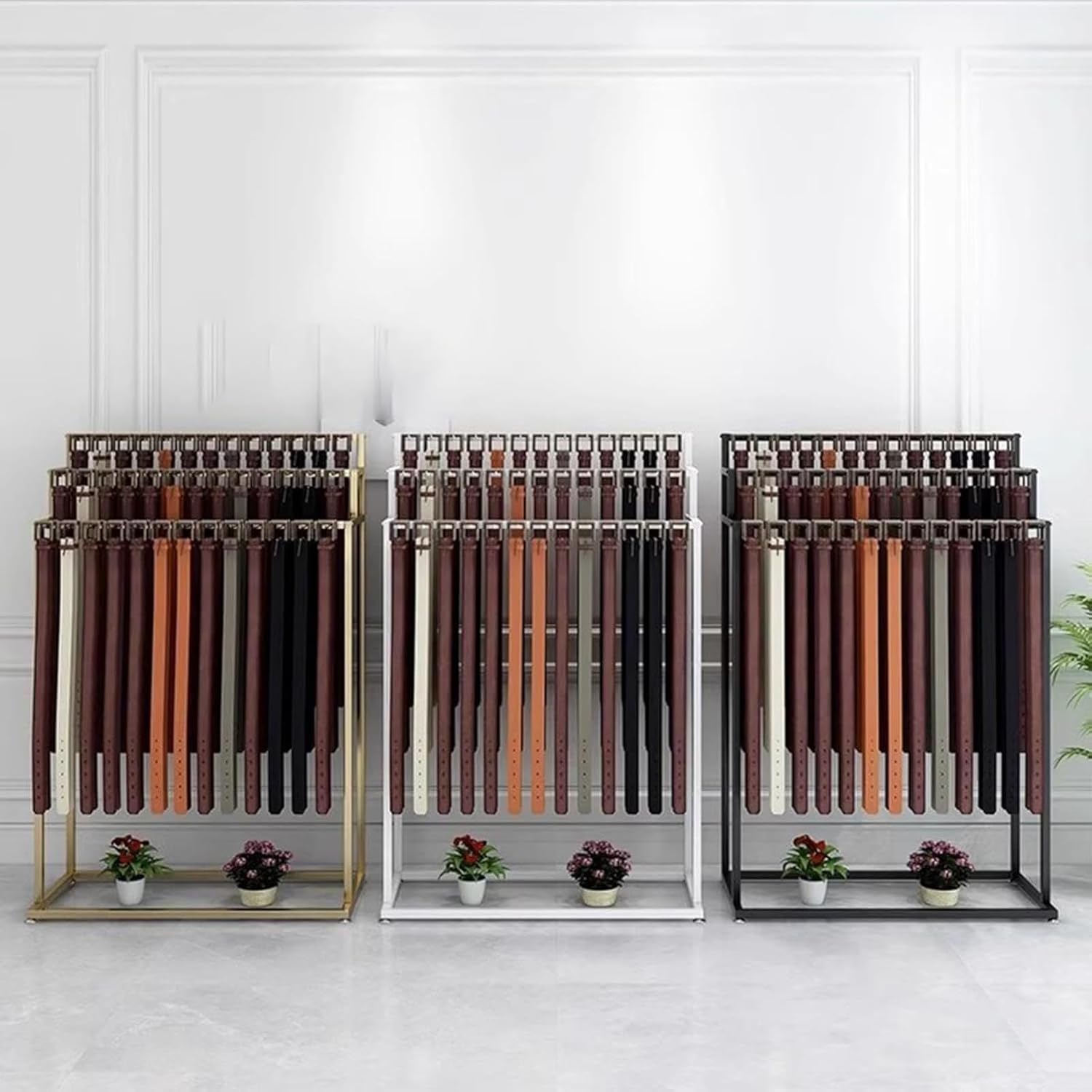 Floor Standing Metal Display Stand, Freestanding Belt, Tie & Scarf Organizer Rack for Men & Women, Portable Closet & Boutique Storage Solution (Black With 30 Hooks)