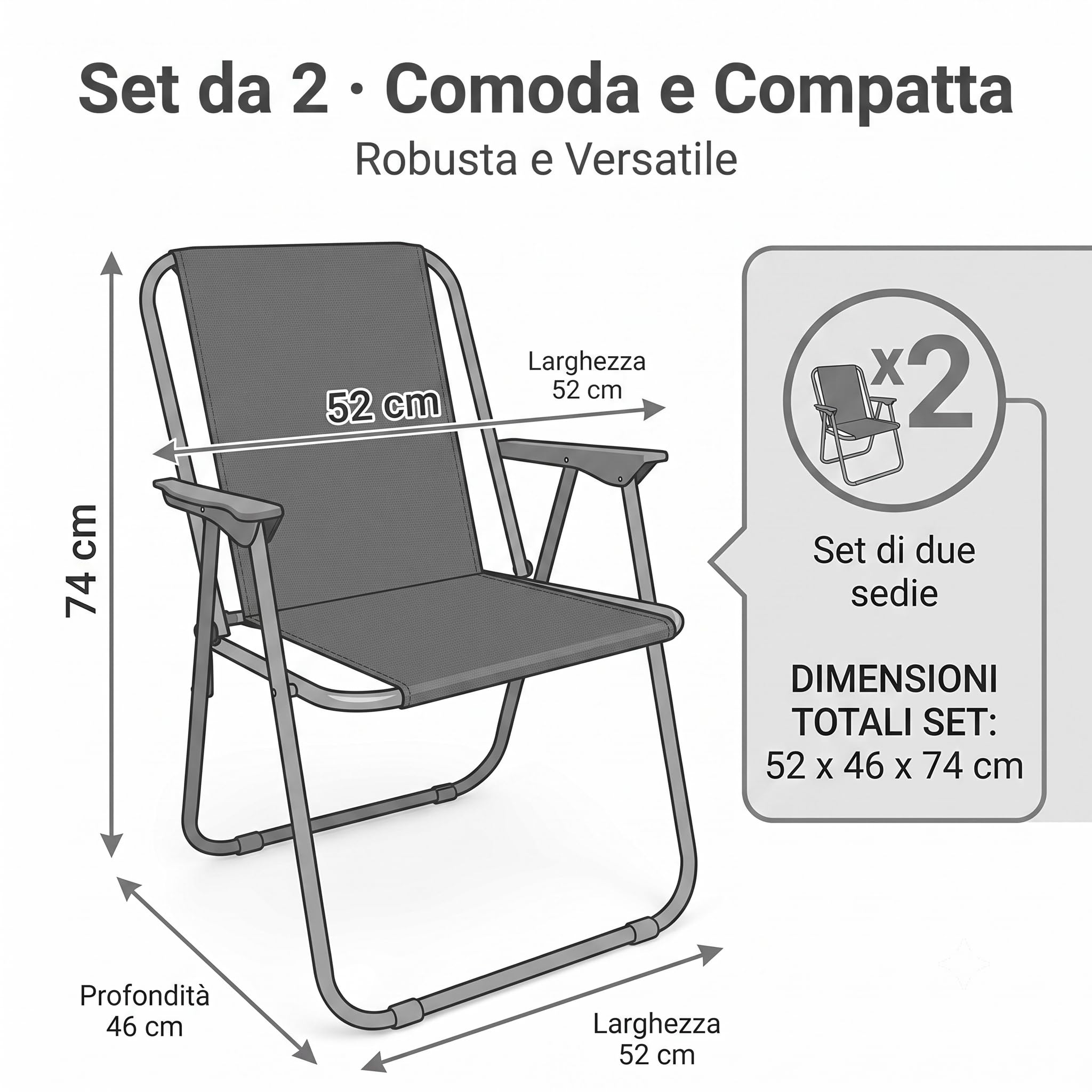 Lemag Set 2 Sedie Relax Grigio con Telaio in Acciaio e Tessuto in Poliestere – Sedie da Giardino Esterno Terrazzo e Campeggio – Comode e Robuste – Sedute per Relax Interno ed Esterno