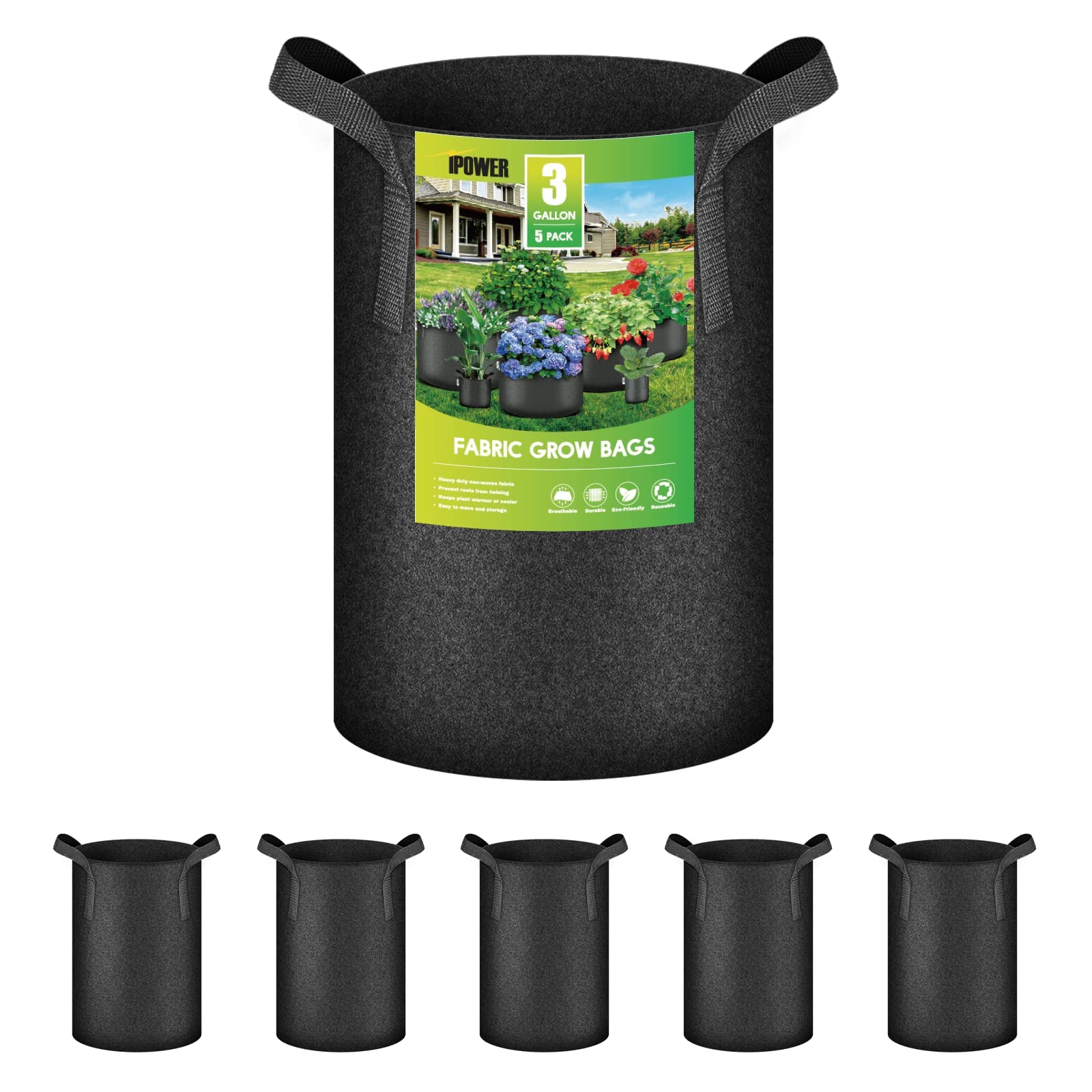 iPower3 Gallon Heavy Duty Thickened Aeration Grow Bags Nonwoven Fabric Pots with Strap Handles Container for Gardening, 5-Pack Black
