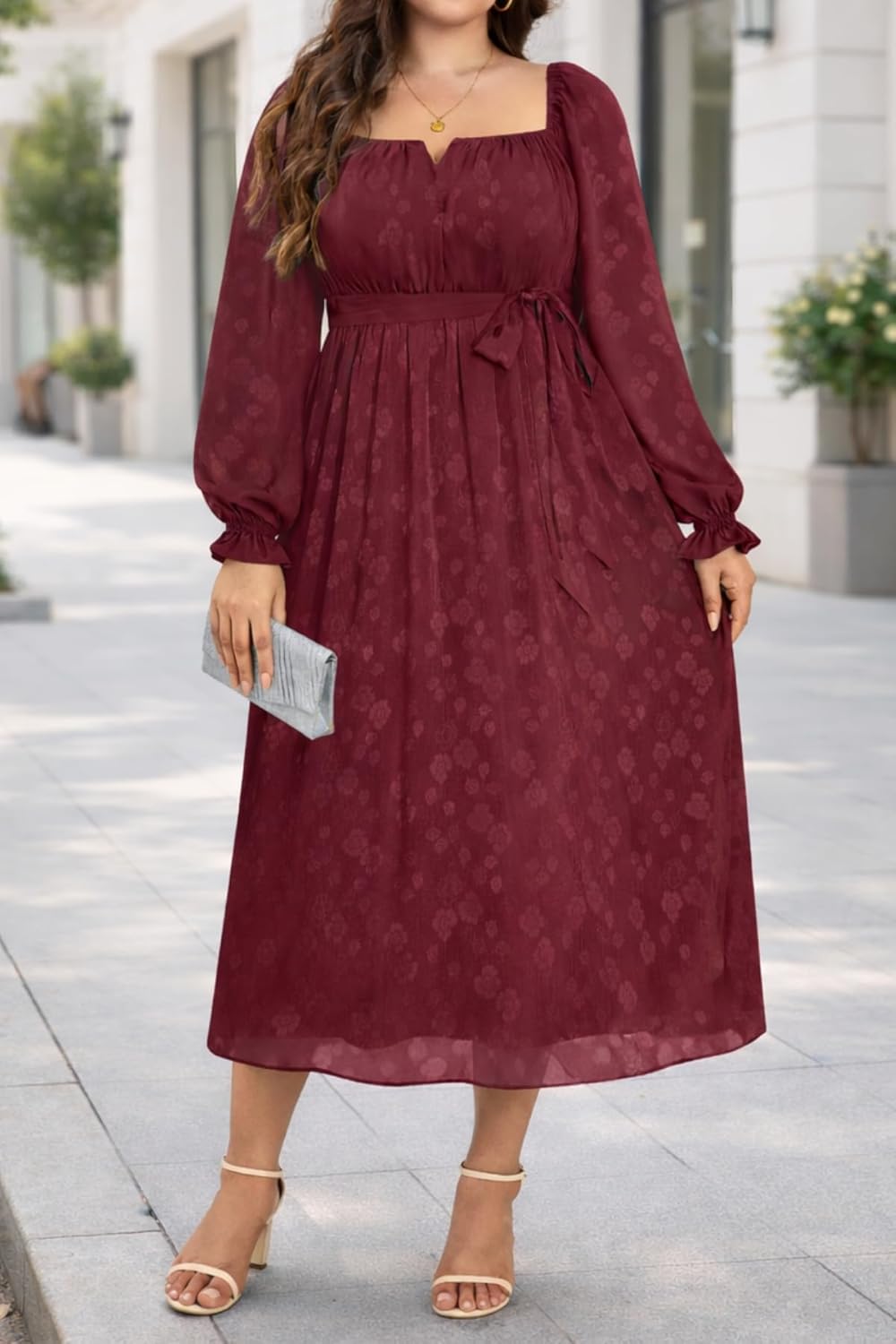 Women's Plus Size Fall Dress - Wedding Guest Long Sleeve Midi Semi Formal Square Neck Flowy Dresses - Image 4