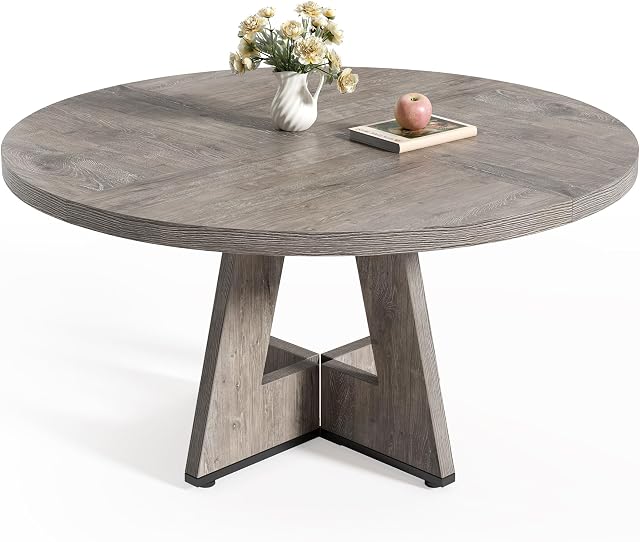LITTLE TREE Table ronde pour 4-6 personnes, 47 Table de salle à manger grise avec socle en bois, Tables de dîner à la ferme, Table de cuisine circulaire pour le repas, Cuisine, Salon