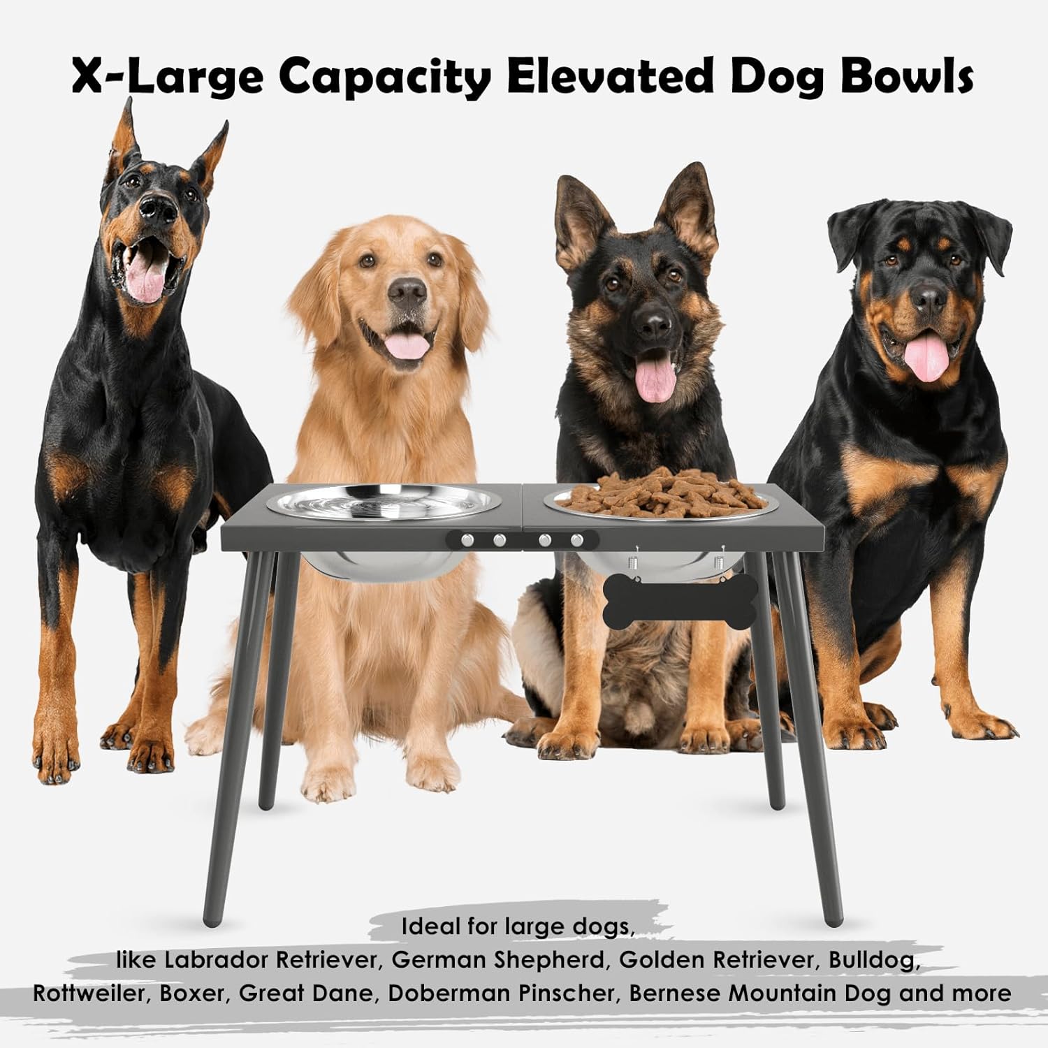 ADENGL Elevated Dog Bowls for Large Extra Large Pet, Raised Dog Bowl Stand with Sprill Proof Mat and Bowls (2000ml/70oz), Pet Food & Water Bowl 15.5" Tall Dogs Feeder for Extra Large Breed, Grey