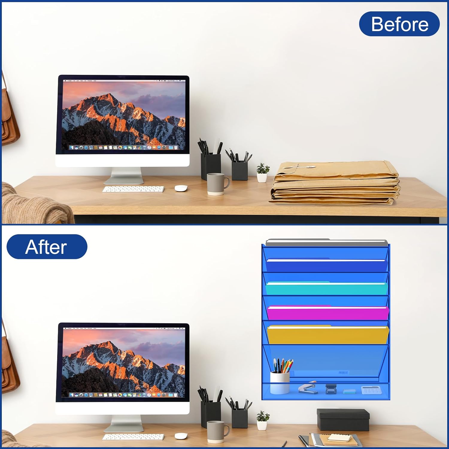 Gelite Hanging File Organizer Acrylic Clear Wall File Holder for Office Vertical Paper Organizer Wall Mounted Magazine Rack, 5 Pockets, Blue
