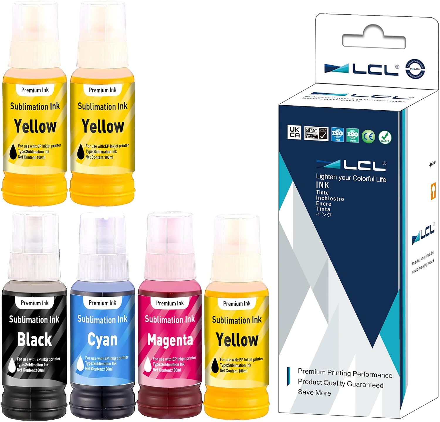 LCL 600ML Sublimation Ink Refilled Bottles Compatible for ET-2400 ET-2720 ET-2800 ET-2803 ET-2760 ET-2820 ET-2850 ET-3710 Inkjet Printers Heat Press Transfer on Mugs T-Shirts