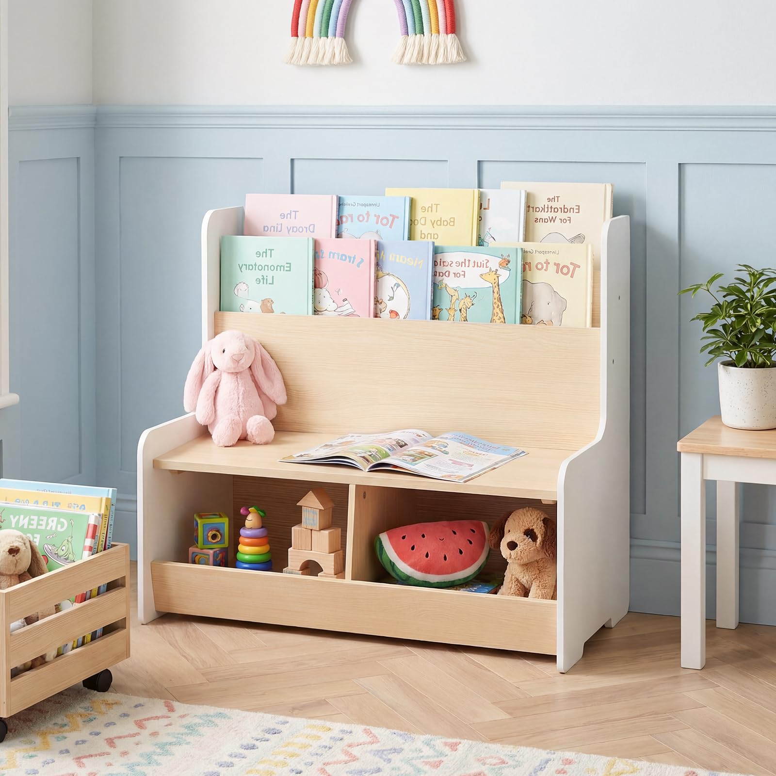 COSTWAY Libreria Montessoriana per Bambini con Panchina, Porta Libri Bambini con Portariviste a 2 Ripiani, 2 Scomparti Aperti e Cuscino Seduta Rimovibile, Libreria Salvaspazio per Cameretta (Bianco)