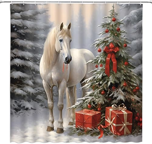Miniatura 2 de Cortina de ducha de caballo de granja, Feliz Navidad, animales salvajes, caballo de Navidad, pino, bosque, copo de nieve, rústico, invierno,