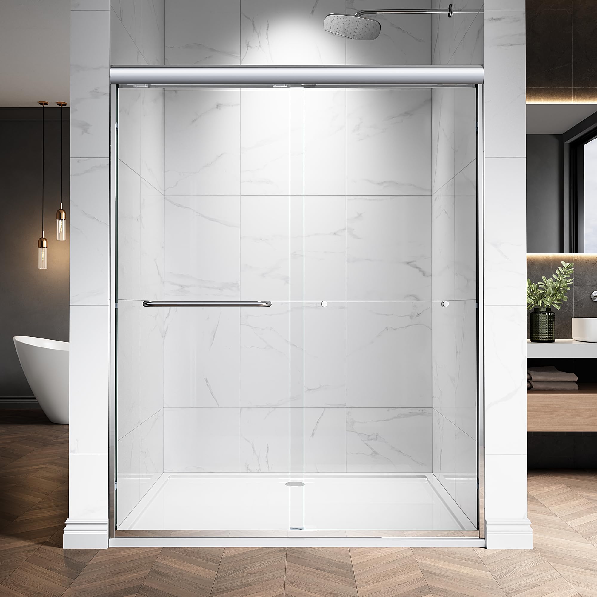 Photo 1 of 56-60" W x 76" H Semi-Frameless Double Sliding Glass Shower Door, 1/4" (6mm) Clear Tempered Glass, Bypass Sliding Shower Door for Bathroom, Easy to Clean (Chrome, 60" W x 76" H)