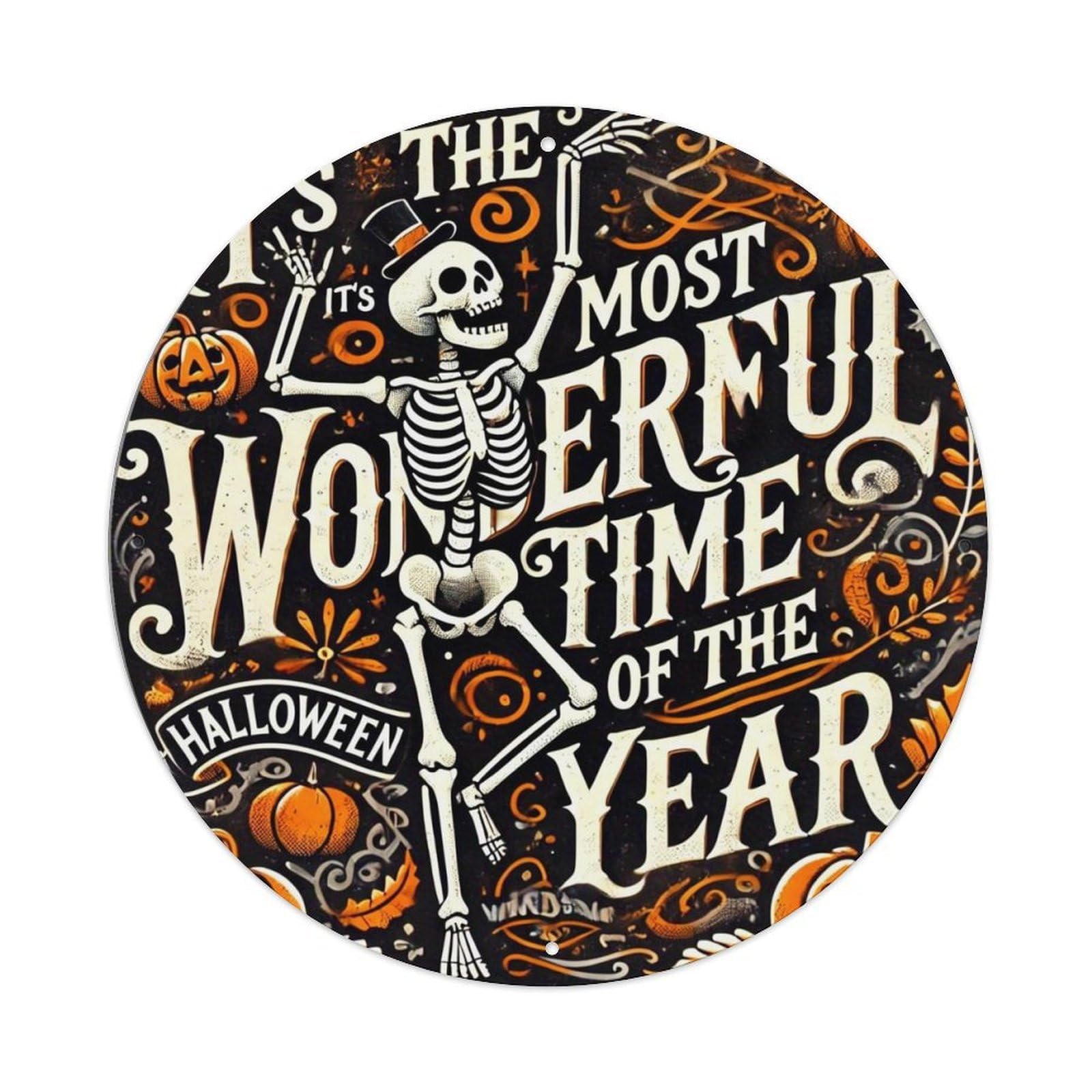 Jdyaojiesheng Vintage Halloween Skeleton Pumpkin Orange Swirl Round Tin Sign Retro Metal Wall Decor Metal Poster, Home Bar Garage Farmhouse Cafe Wall Art Decoration 8X8inch