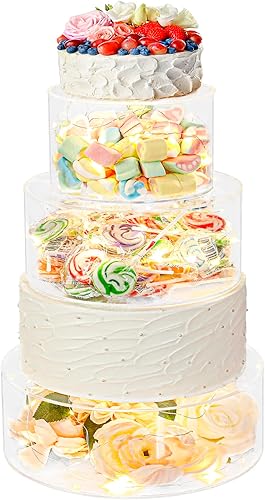 3 piezas de soporte transparente para pasteles con 3 luces LED, soporte de acrílico rellenable con tapa, soporte para pastel de boda, caja de pastel