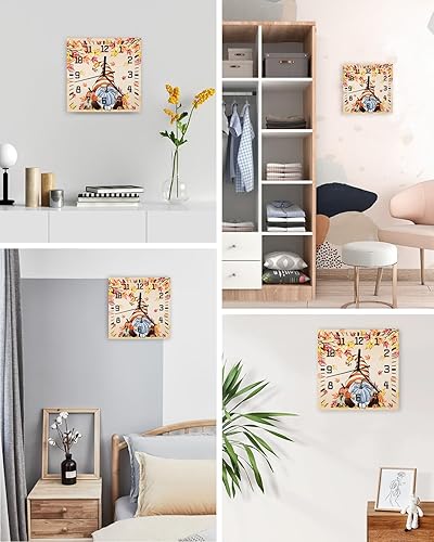 Miniatura 4 de Thanksgiving Wooden Wall Clock Silent Non Ticking, Fall Pumpkins Gnomes Maple Tree Leaves Square Wall Clock Battery Operated, Decor Clock for Home