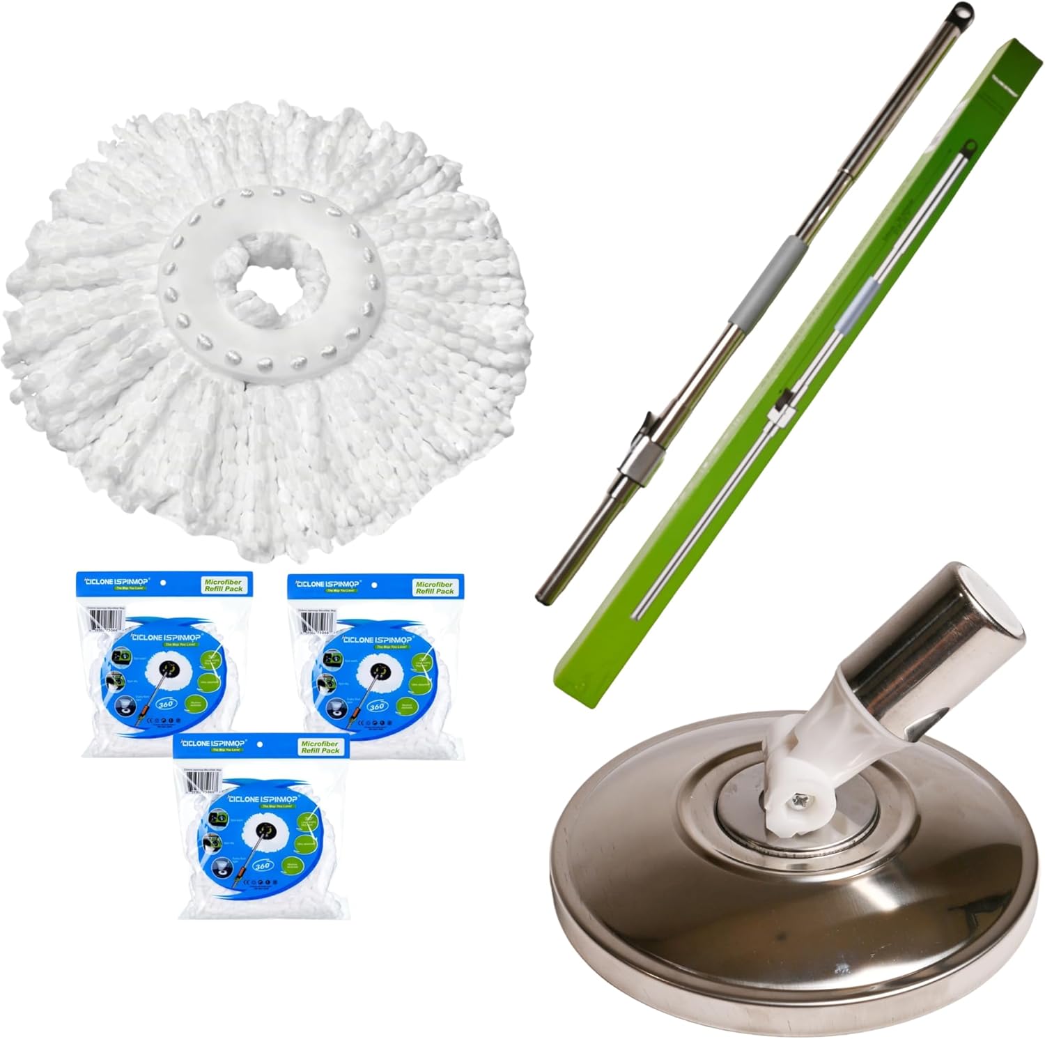 3-Pack Spin Mop Microfiber Refill & Stainless Steel Replacement Mop Handle 61" to 70" Long & Stainless Steel Professional Mop Plate Replacement - Commercial & Industrial Use