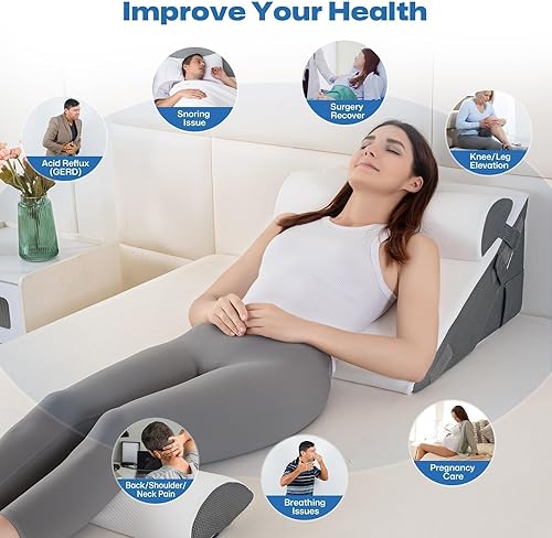 Miniatura 10 de GOHOME Almohada de cuña de cama con parte superior de espuma viscoelástica de enfriamiento extraíble, almohada triangular de bambú 3 en 1 para